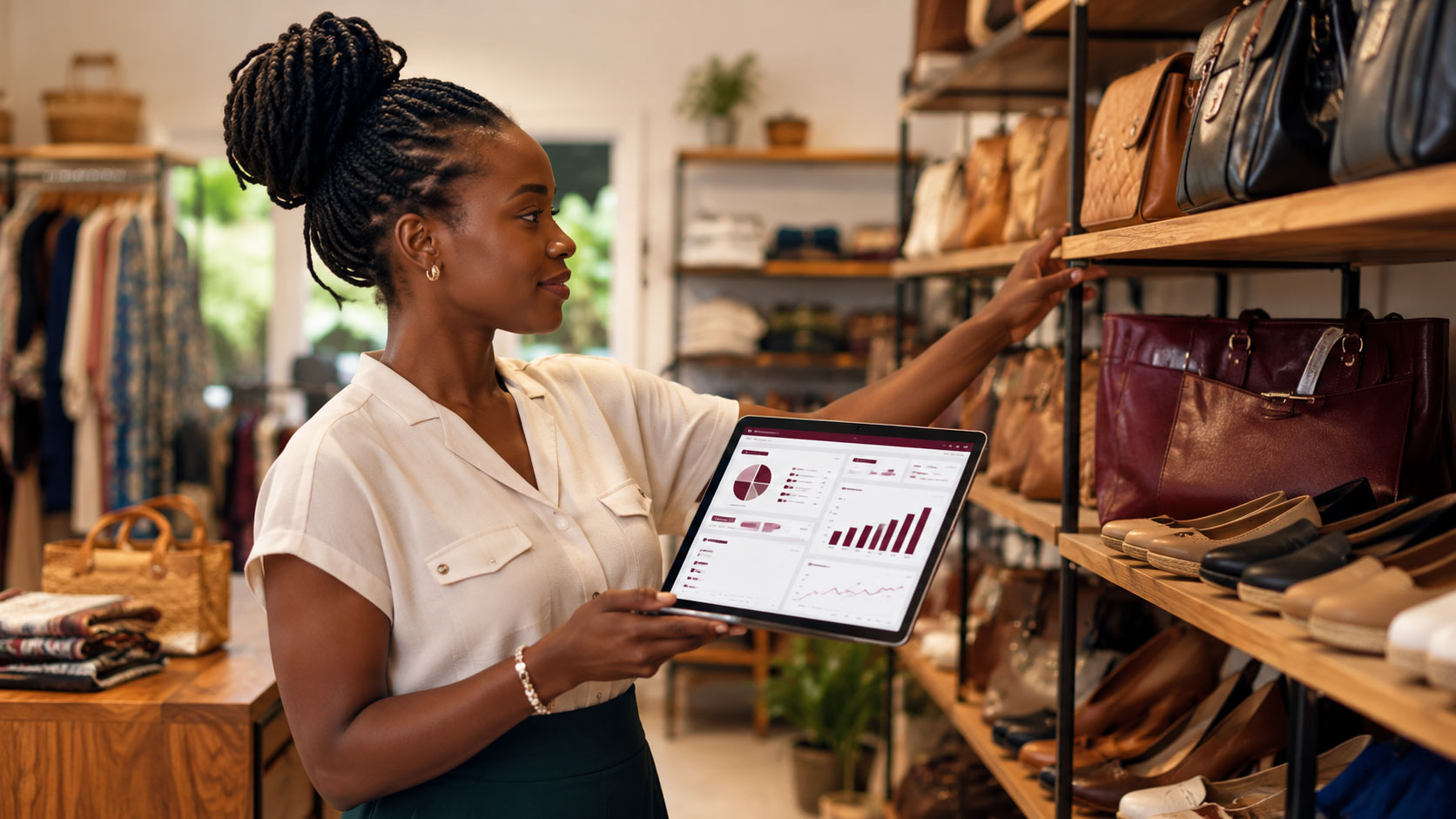 Shop owner checking product performance and sales reports