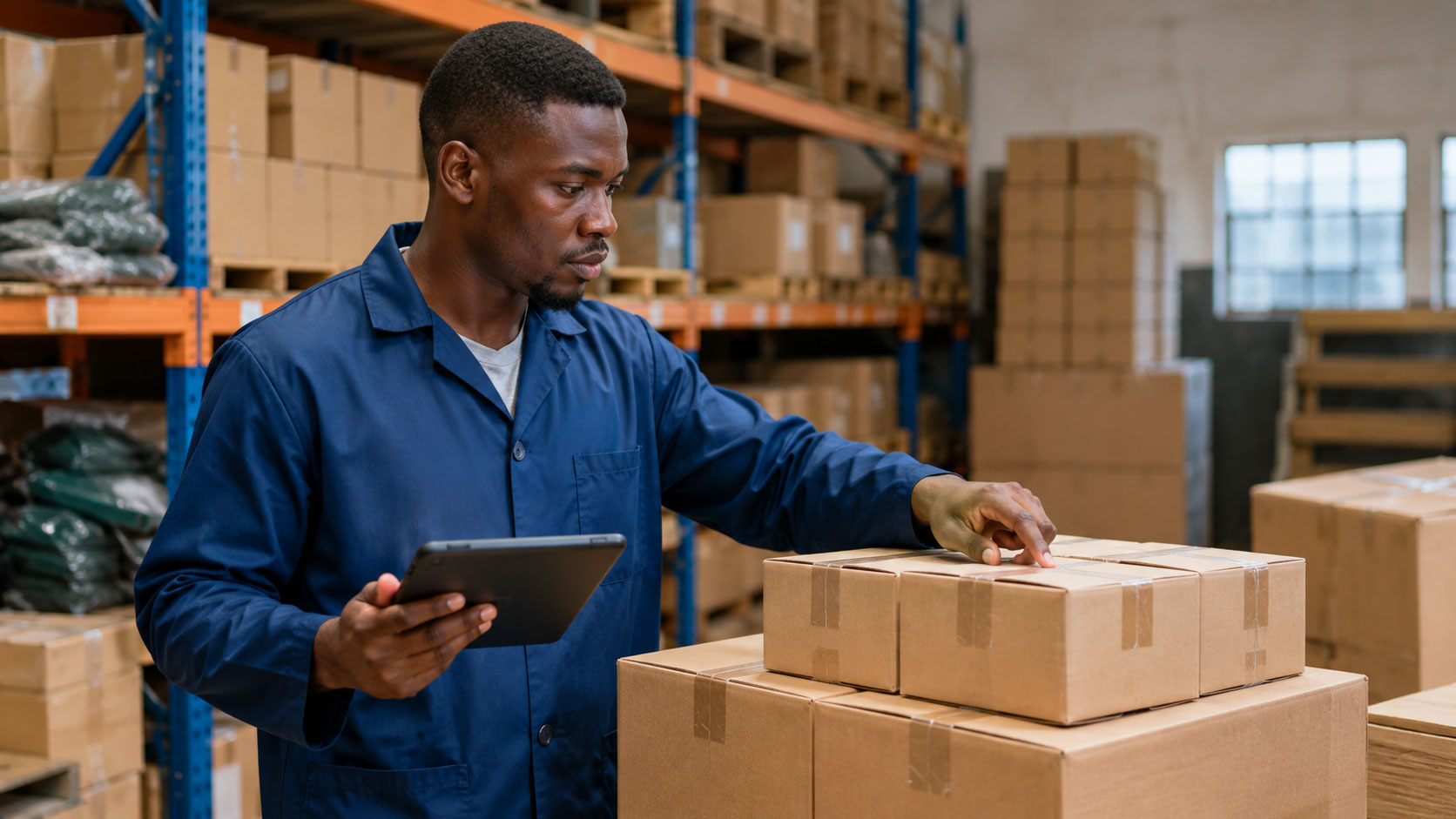 Storekeeper reviewing inventory stock history and product movement