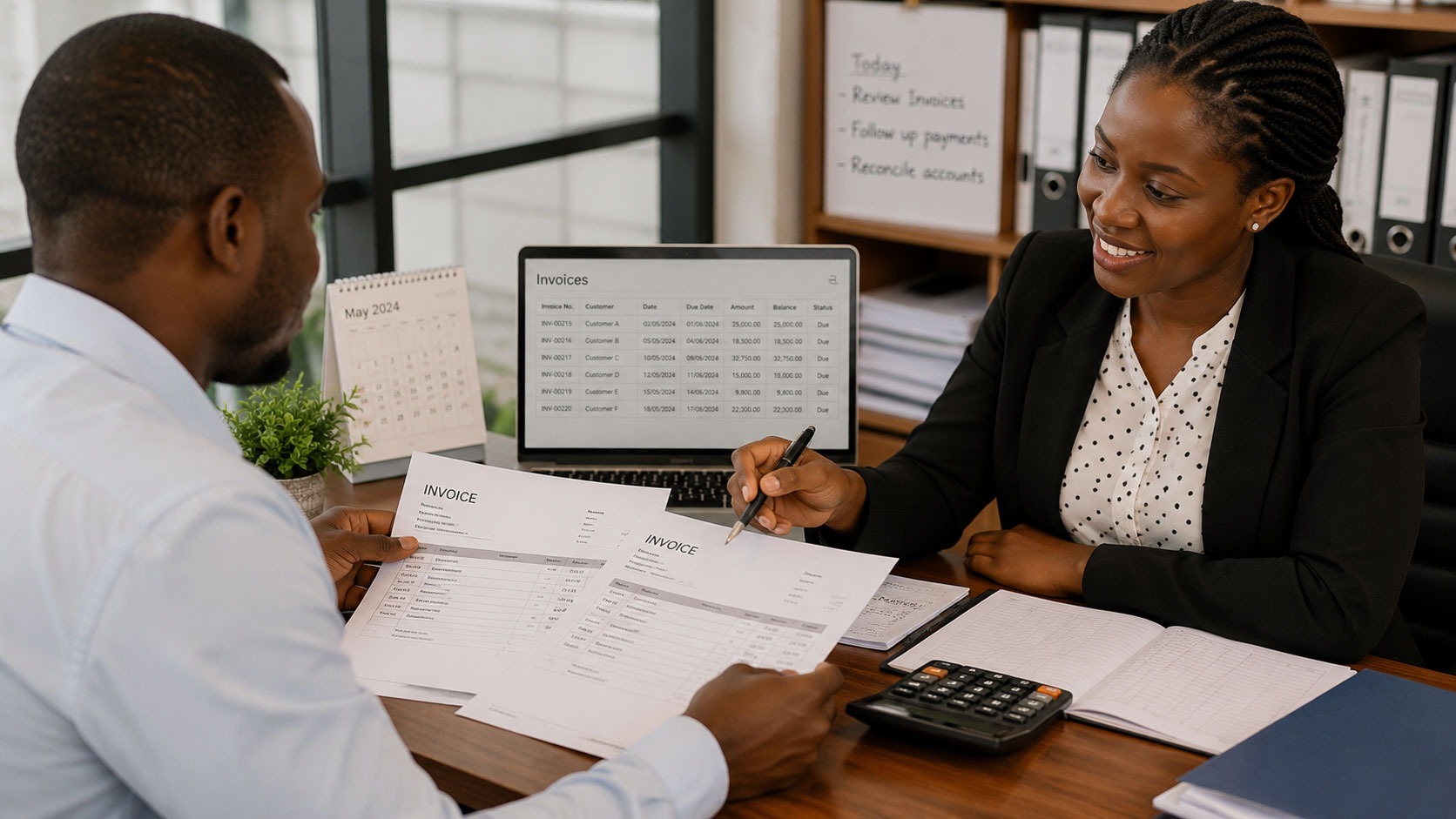 Business owner reviewing several outstanding invoices with a customer