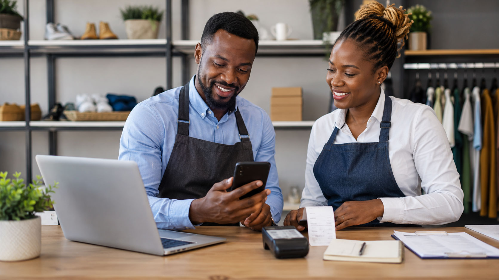 Kenyan business owner discussing mobile payment setup with staff
