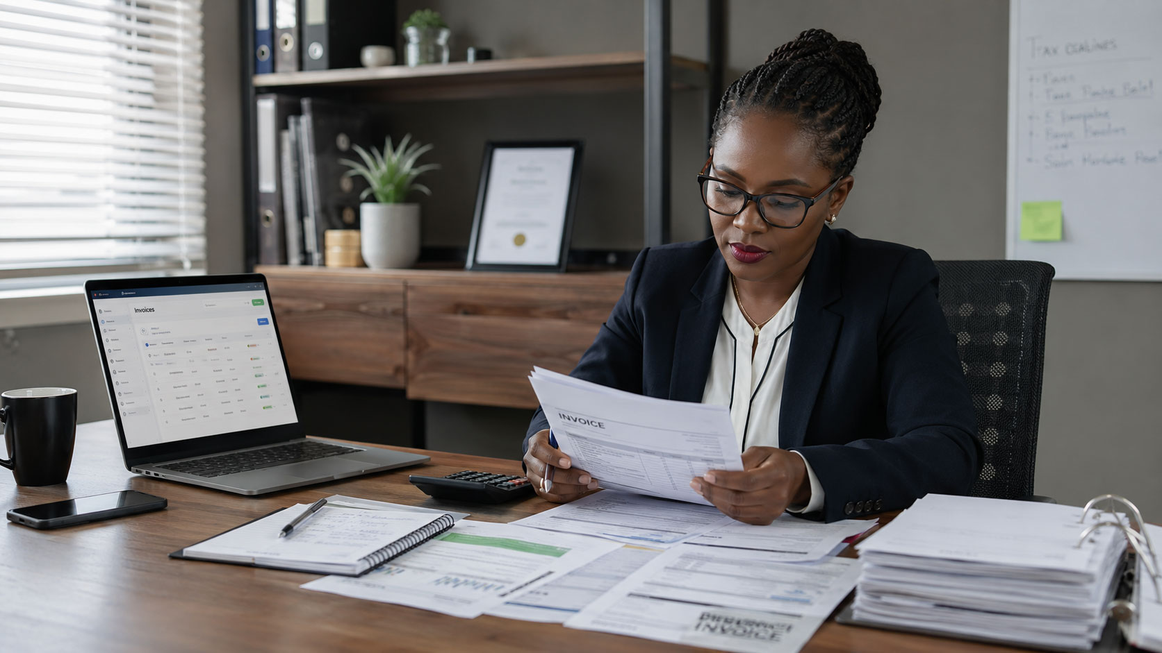 Business owner reviewing compliance setup and invoice records